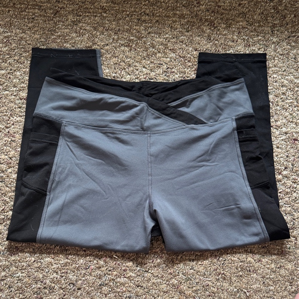 Avia Gray and Black Girls' Crossover Waist Leggings